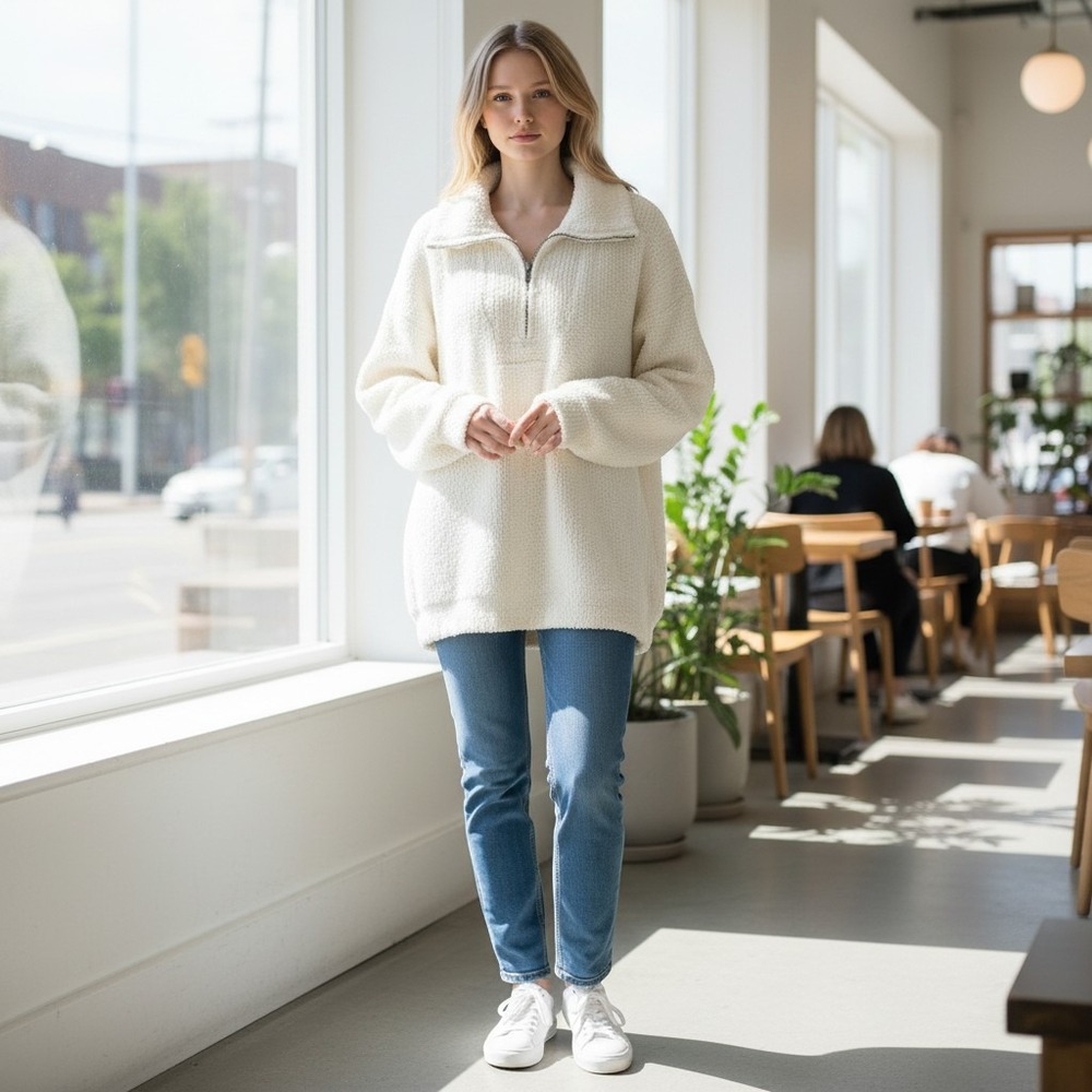Barefoot Dreams CozyChic Half Zip Tunic Women 3X Cream Oversized BDWCC20638